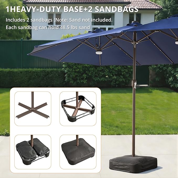 15ft Large Patio Umbrellas with Base & Solar Lights,Outdoor Rectangle Double-Sided Market Umbrella with Stand & 38 LED Lights,Outside Umbrellas for Poolside Deck Backyard (Navy Blue)