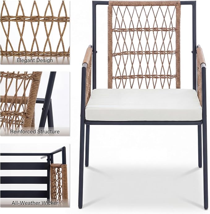 LAUSAINT HOME 5 Piece Outdoor Patio Dining Set, PE Rattan Patio Furniture Set with 4 Cushioned Armchairs & 1 Round Dining Table with Umbrella Hole, Steel Frame for Backyard, Porch, Poolside, Beige