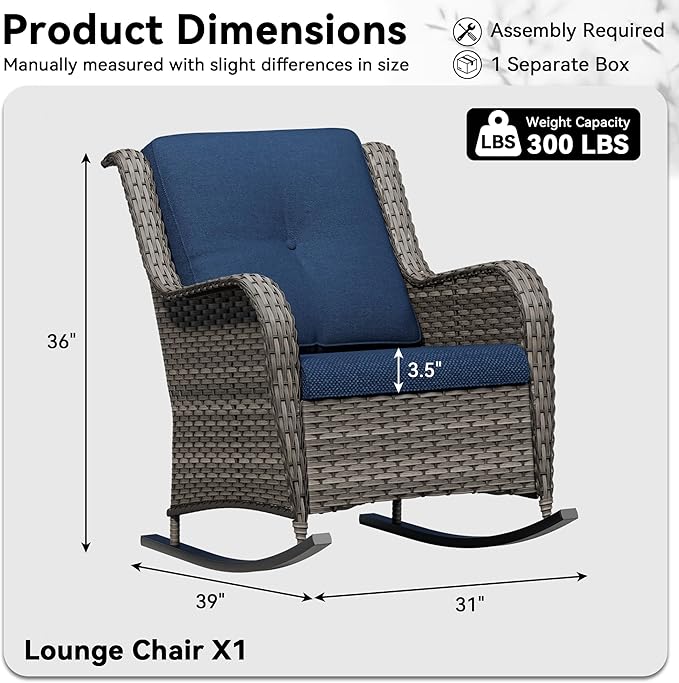 Outdoor Rocking Chair, Wicker Patio Chair with Thickened Olefin Cushions, High Back and Deep Seating, Hand-Woven PE Rattan for Porch, Deck, Balcony, Blue