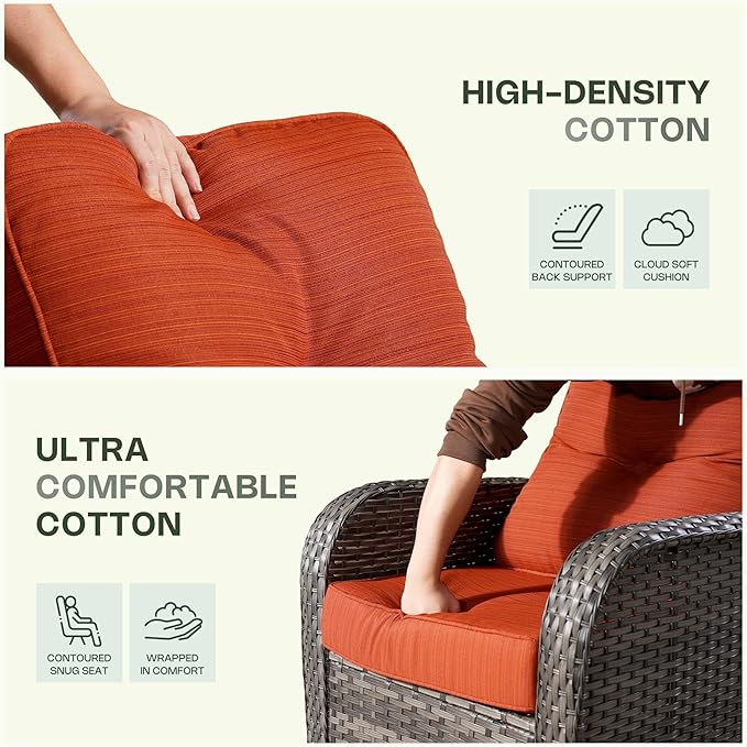 3-Piece Patio Furniture Set, Outdoor Wicker Furniture with Coffee Table, High Back Swivel Rocker Patio Chairs, Modern Rattan Outdoor Chairs Conversation Set for Porch, Balcony, Garden, Orange-Red