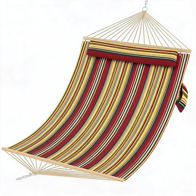 PrecisionAuto Double Quilted Fabric Hammock with Spreader Bar & Detachable Pillow, 12FT Two Person Outdoor Swing Bed Supports 450LBS for Patio Backyard Poolside Relaxation