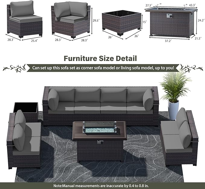 10 Pieces Outdoor Patio Furniture Set,Outdoor Sectional Furniture with 43" 55000 BTU Gas Propane Fire Pit Table,All Weather PE Rattan Wicker Patio Conversation Set,Grey