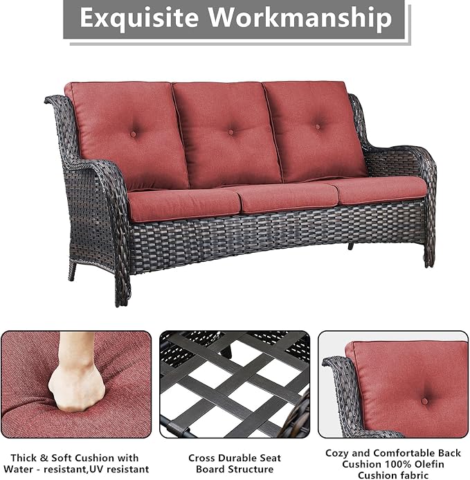 Rilyson Outdoor Patio Wicker Furniture Set - 6 Piece Rattan Patio Conversation Sectional Sofa Set with 1 Couch,2 Armchairs,2 Ottomans and 1 Glass Top Coffee Table for Porch Deck Garden(Brown/Red)