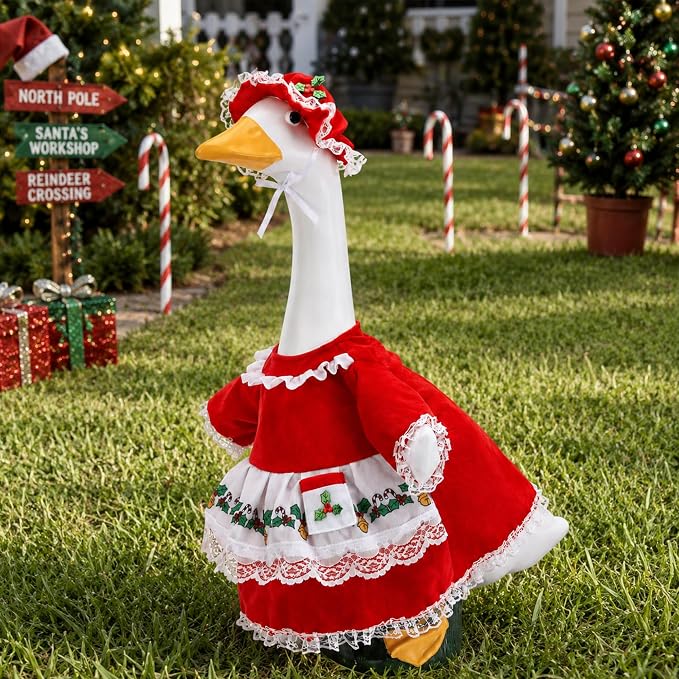 2 Pcs/Set Christmas Mrs. Claus Porch Goose Outfits, Lawn Goose Statue Mrs. Claus Costume, Red Green White Christmas Garden Goose Clothes Dress and Hat for 23" High Statue Xmas Holiday Patio Yard Decor