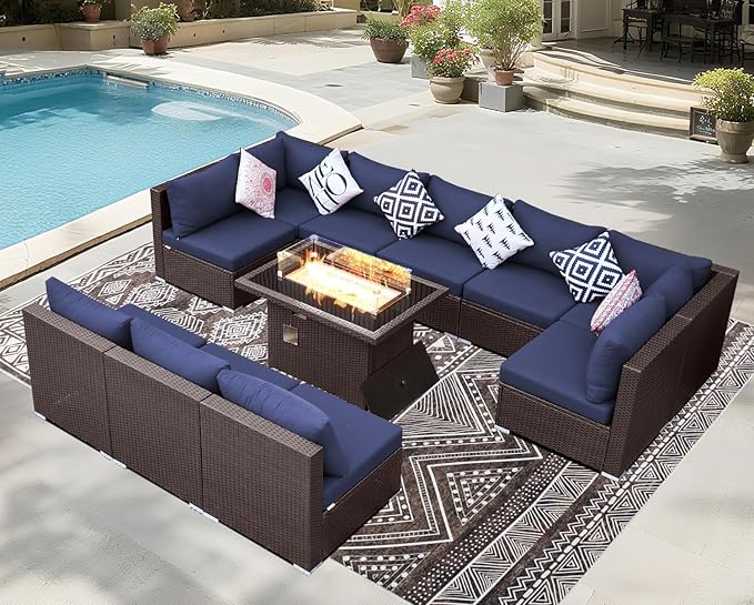 BULEXYARD 11 Piece High Back Wicker Patio Furniture Sets with Fire Pit, Luxury Plus Size Outdoor Seating Set, Comfortable Extra Wide Deep 10-Seater Sectional Couch Sofa for Outside, Brown & Navy Blue
