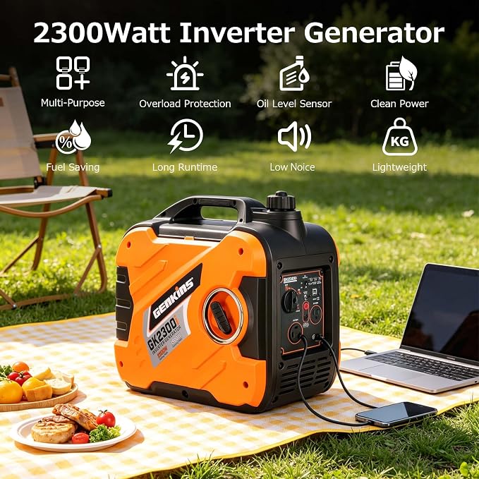GENKINS 2300 Watt Portable Inverter Generator Gas Powered Ultra Quiet for RV Ready Outdoor Camping Home Backup