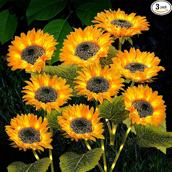 TANSOREN 3 Pack Solar Garden Lights Outdoor, 2 Lighting Modes Warm White LED Waterproof Solar Powered Sun Flowers Landscape Light for Outside Yard, Patio, Pathway Decorative, Décor, Gifts