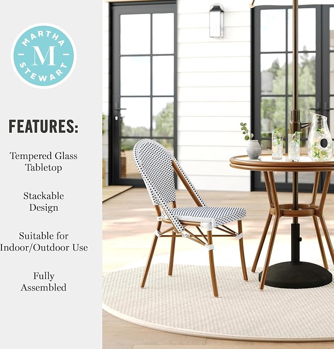 Martha Stewart Lily Pond 31” Round Indoor-Outdoor Bistro Dining Table with Aluminum Frame in Gray Woodgrain and Rattan Top in White/Gray with Tempered Glass Top