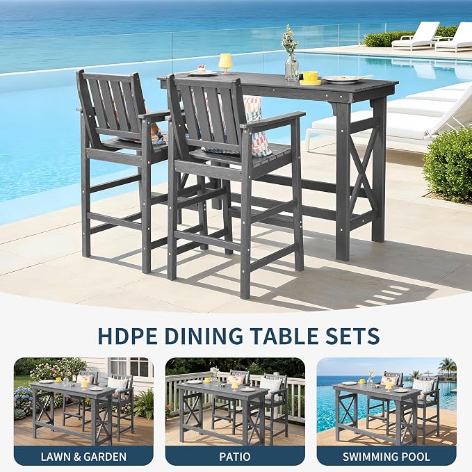 3-Piece Outdoor Bar Table and Chairs Set, HDPE Counter Height Patio Dining Sets, Adirondack Bar Height Chairs Set of 2 and Bar Table for Bistro, Poolside, Backyard, Grey
