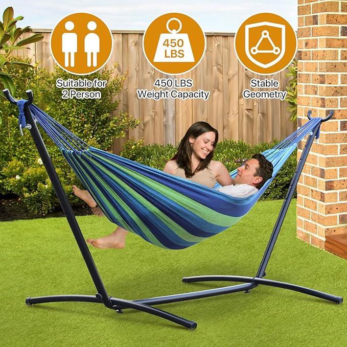 9FT Hammock Portable Hammock Stand 2 Person Heavy Duty Hammock Stand with Portable Carrying Case, Adjustable 6 Optional Hook Positions, for Outdoors & Indoors(Blue)