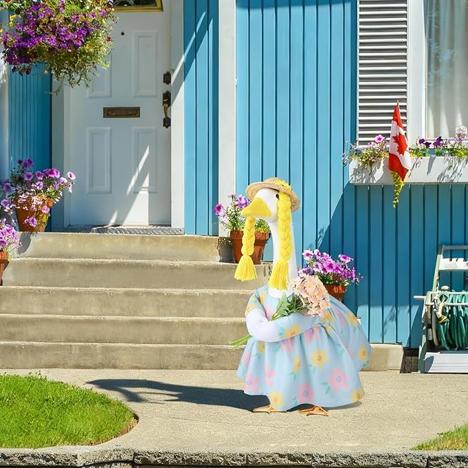 Spring Porch Goose Outfit, 23 Inch Floral Dress with Straw Hat and Braided Hair, Cute Goose Statue Clothes for Outdoor Lawn Garden Decor, Funny Farmhouse Porch Decoration