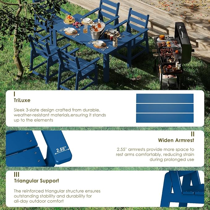 GREENVINES 7 Piece HDPE Outdoor Patio Dining Set, Removable Armrests, Blue
