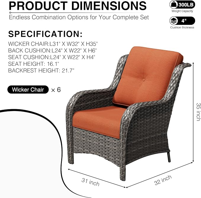 Joyside 6 Piece Wicker Patio Furniture Set, Rattan Patio Chairs with High Back, Deep Seating, Wide Armrest, Thickened Cushions, Outdoor Furniture for Deck, Porch Use