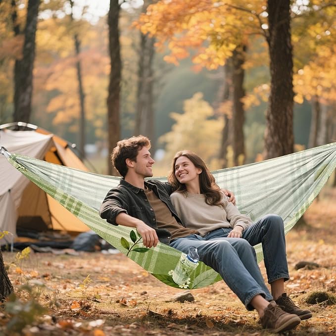 Green Plaid and Foliage Hammocks for Camping with Portabl Carry Bag Hanging Hammock Outside Beach Patio Garden
