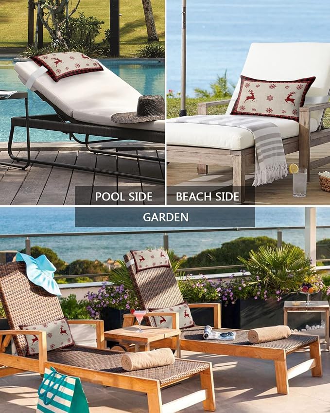 Outdoor Pillows Covers with Inserts Christmas Elk Snowflake Red Black Buffalo Plaid Waterproof Pillow with Adjustable Strap Throw Pillows for Patio Furniture Recliner Lounge Chair, 11x16 inch, 1PCS