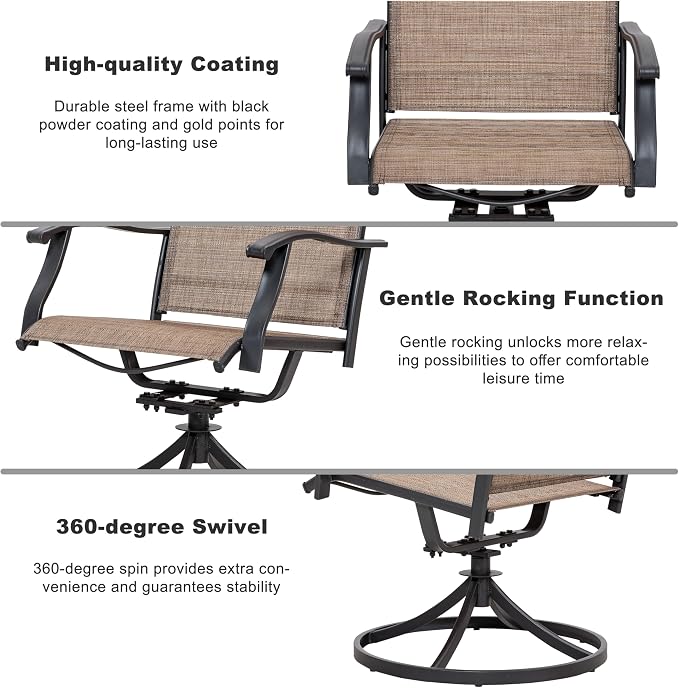 NUU GARDEN 5-Piece Outdoor Dining Set for 4, Metal Square Table with Umbrella Hole and Wood-Grain Top with 4 Patio Swivel Rocking Textilene Chairs for Porch Backyard Garden Poolside Black Brown