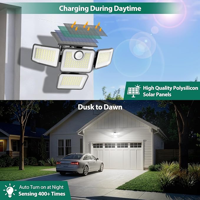 3000LM Solar Lights Outdoor, 4 Adjustable Heads Motion Sensor Security Light, 3 Modes, 6500K, IP65 Waterproof Solar Wall Flood Lights for Garden, Outside, Backyard, 4 Pack