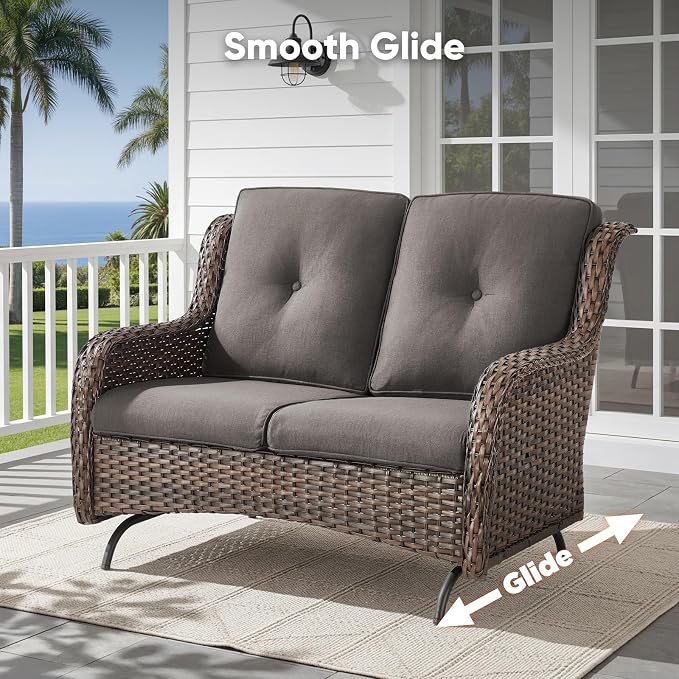 Belord 5 Piece Wicker Patio Furniture Set, Outdoor Swivel Rocker Chairs Set of 2 with Ottomans and Loveseat, All Weather Patio Conversation Furniture Set, for Porch Pool, Brown Wicker/Gray