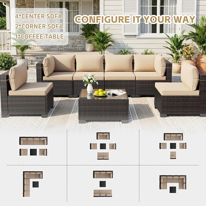 CHABATREE 7-Piece Outdoor Patio Furniture Sets, Manual Weaving Rattan Conversation Sectional Sofa with Tempered Glass Coffee Table, All-Weather PE Wicker & Thick Cushions for Garden, Backyard, Porch