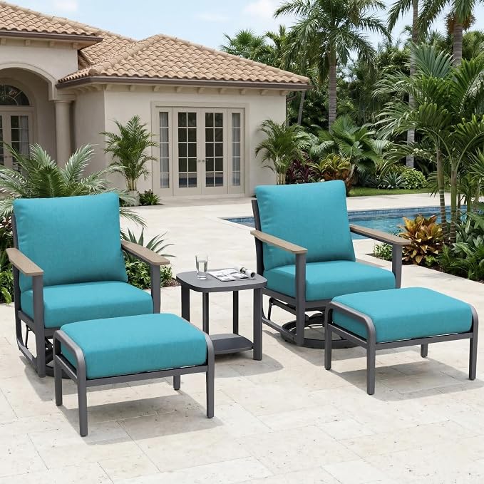 Aluminum Patio Swivel Rocking Chair Outdoor Bistro Set with Ottomans, 5PCS Patio Conversation Set Outdoor Patio Furniture Set with High Backrest & Thickened Cushions for Garden, Turquoise