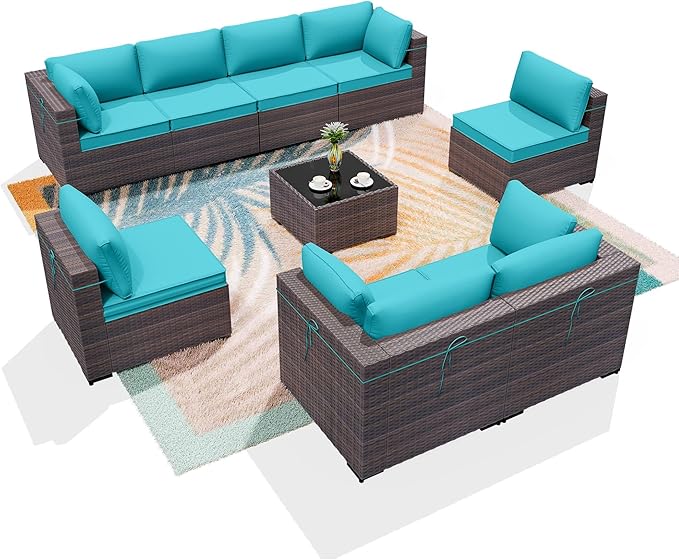 ALAULM 9 Pieces Patio Furniture Set Wicker Patio Conversation Set with 4 Corner Sofas, Outdoor Sectional Furniture w/Coffee Table & Washable Seat Cushions-Blue
