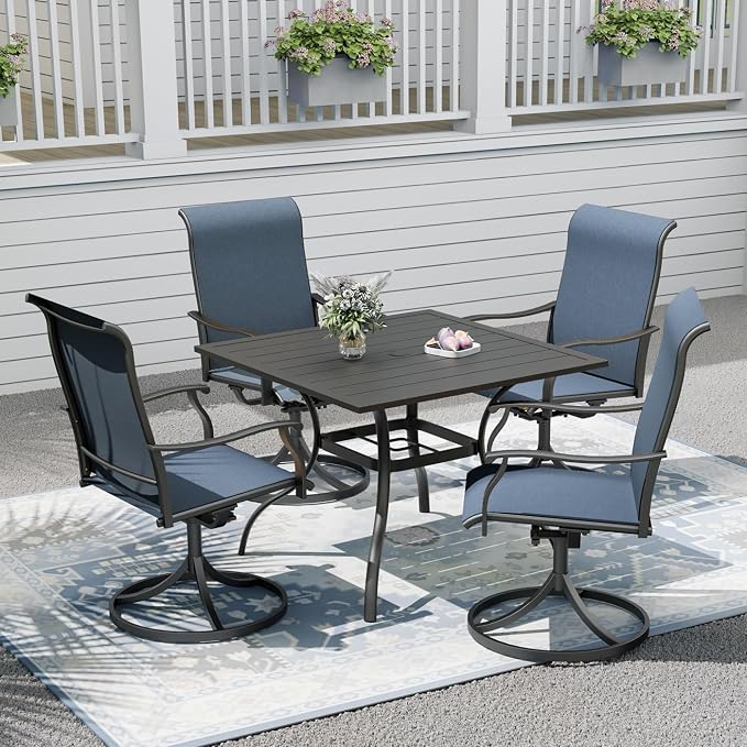 Outdoor Patio Furniture Set, 4 Piece Swivel Patio Chairs and 35" x 35" x 28" Steel Dining Table Set with 1.6" Umbrella Hole, Suitable for All-Weather