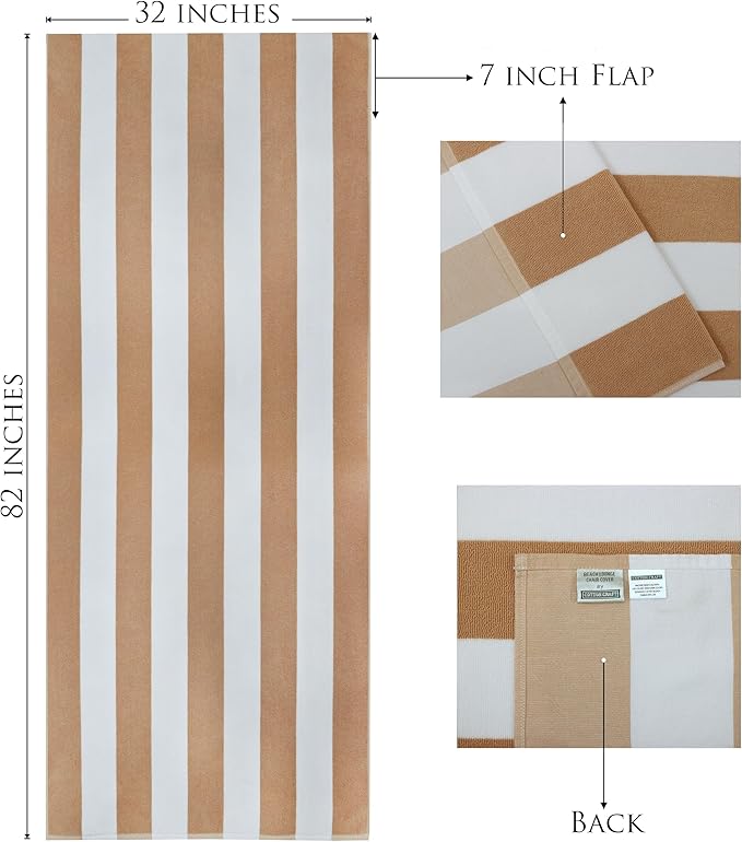 COTTON CRAFT Pool Lounge Chair Cover - 2 Pack Cabana Stripe - Soft Absorbent 100% Cotton Dobby Terry Towel Chaise Lounge Beach Chair Cover - Oversized 32 W x 82 Length x 7 inch Pocket – Linen