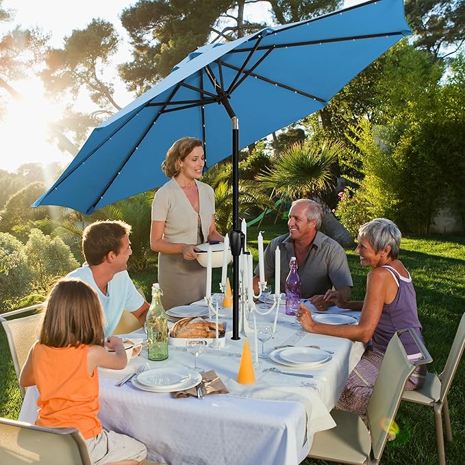9' Round Patio Umbrella with 32 Solar Powered LED Lights, Push-Button Tilt and Hand Crank Lift, Solar Umbrella in Teal for Porch, Deck, and Patio by Sun-Ray