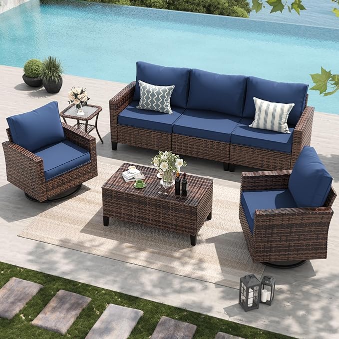 Amopatio Patio Furniture Set, 5-Piece Wicker Outdoor Sectional Sofa with Swivel Rocker Chairs, Rattan Conversation Set with Storage Coffee Table and Waterproof Cover for Backyard Brown/Navy