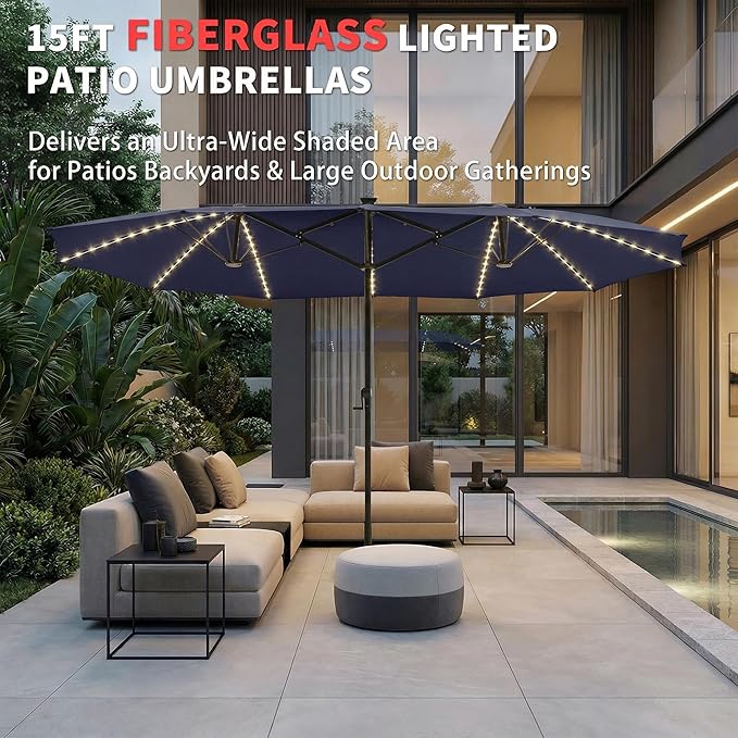 15FT Large Double Sided Patio Umbrella, Fade Resistant Outdoor Umbrellas with Fiberglass Ribs, Solar Panel, LED Lights & USB Charging, Rectangular Market Umbrella with Aluminum Crank for Garden, Party, Lawn, Poolside, Backyard, Navy Blue