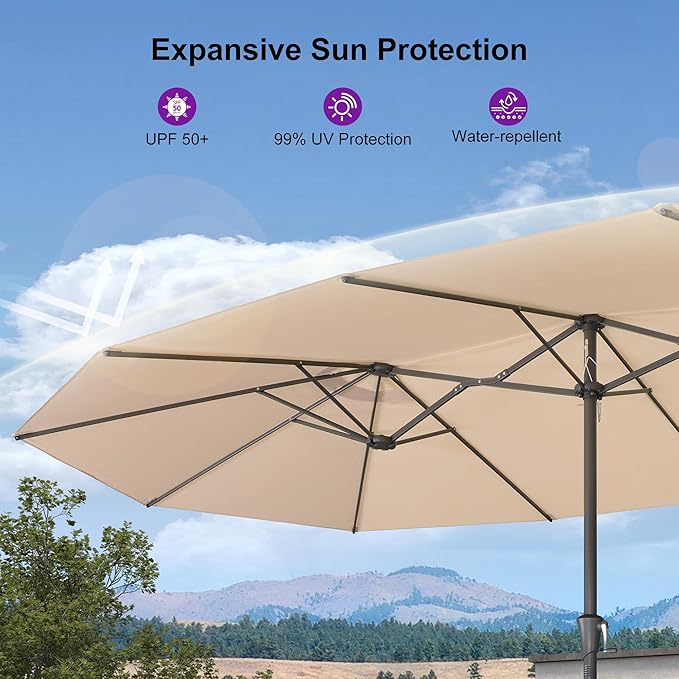 PURPLE LEAF 15ft Patio Umbrella with Base Included Double-Sided Rectangle Outdoor Umbrella Market Table Umbrella with Crank for Pool Garden Deck, Khaki