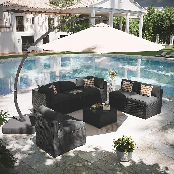 Aoxun Patio Furniture Set with Umbrella, 8 Piece Outdoor Sectional Sofas, Wicker Rattan Outdoor Furniture with Thickened Cushion for Backyard, Garden Dark Grey