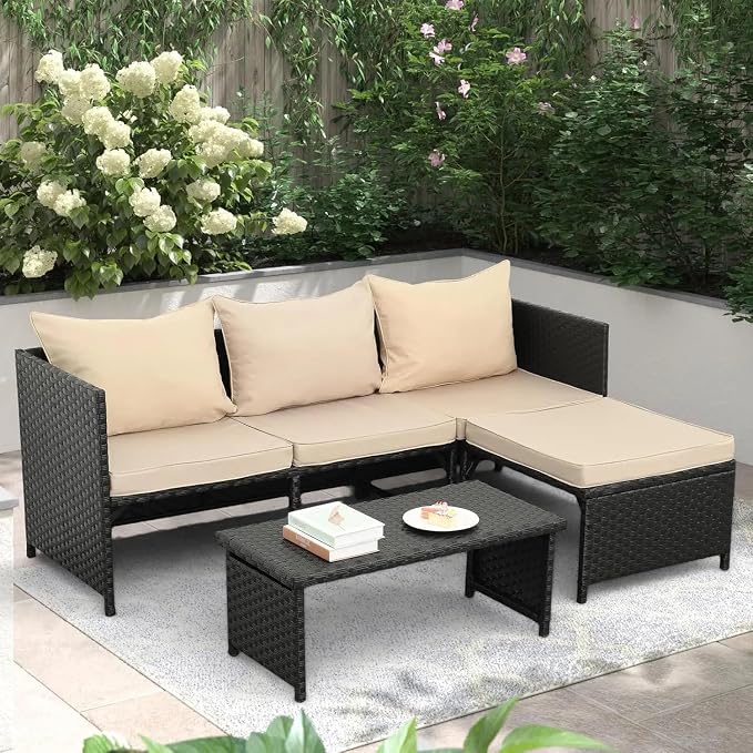 3-Piece Outdoor PE Rattan Furniture Set Black Wicker Conversation Loveseat Sofa Sectional Couch Khaki Patio Comfortable Cushion Outdoor Sectional