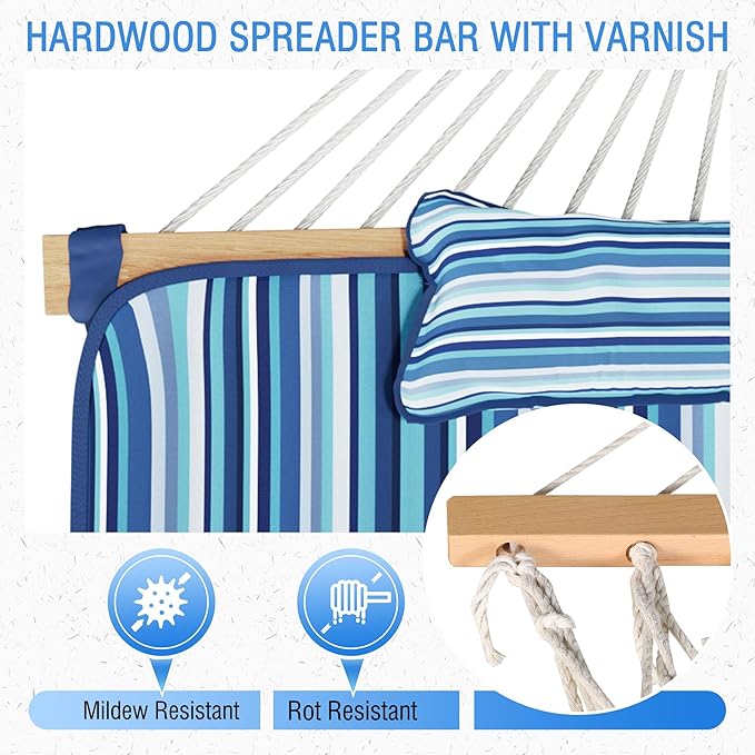 MUPATER 12FT Double Hammock with Stand Included, 2 Person, Outdoor Quilted Hammock with Stand, Rope with Pad and Pillow, para adultos, Striped Blue