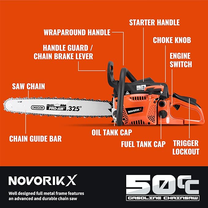 50CC Gas Powered Chainsaw With 2-Cycle Engine 20 &18 Inch Handheld Chain Saw Gas With Automatic Oiler For Tree Trimming Wood Cutting and Land Clearing