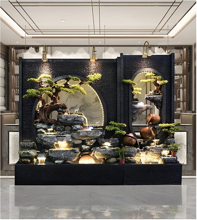 60" LED Outdoor Cement Fountain with Mist, Rock Waterfall & 50 Crystals – Zen Decor for Patio, Garden, Balcony or Housewarming (C+B)