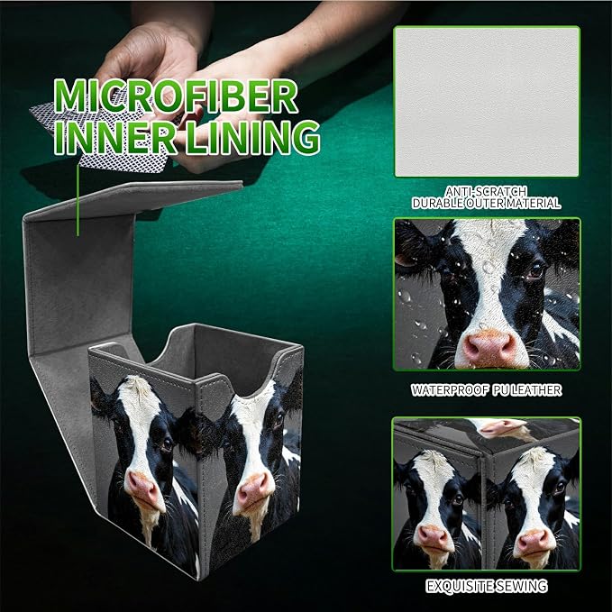 Black White Cow Card Deck Box for MTG, Personalized Card Storage Case Fits 120+ Sleeved Cards, Premium Leather TCG Box with Strong Magnetic Closure for Magic, CCG, PTCG, Baseball Cards