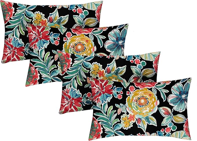 RSH Décor - Jumbo Lumbar Throw Pillows–Set of 4 | 26"x16" | Indoor Outdoor Use–Patio, Lounge,Adirondack,Deck | Water & Fade-Resistant | Includes Down-Alternative Inserts | Colsen Noir - Made in USA