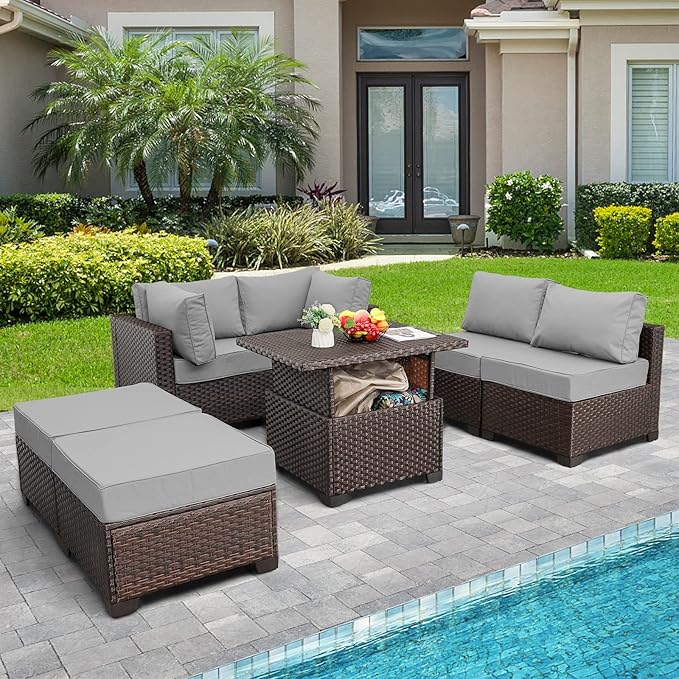 WAROOM Outdoor Patio Furniture Set 7 Pieces Wicker Sectional Sofa Brown Rattan Conversation Couch with Storage Table, Anti-Slip Thick Grey Cushion