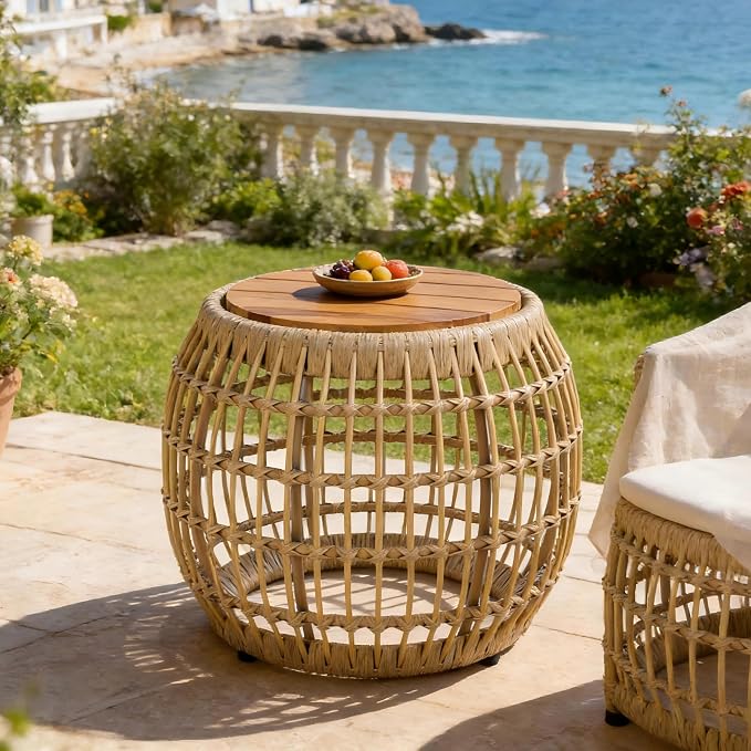 Polibi Outdoor Side Table with Handwoven Wicker Base, Weather-Resistant Outdoor/Indoor Accent Table for Patio, Balcony, Garden, Coastal & Farmhouse Decor(Light Brown)
