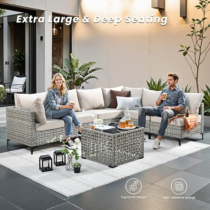 Outdoor Patio Furniture Sets,5 PCS Patio Conversation Set Outside Rattan Sectional Sofa with Coffee Table Fit Backyard Porch Garden Poolside Balcony
