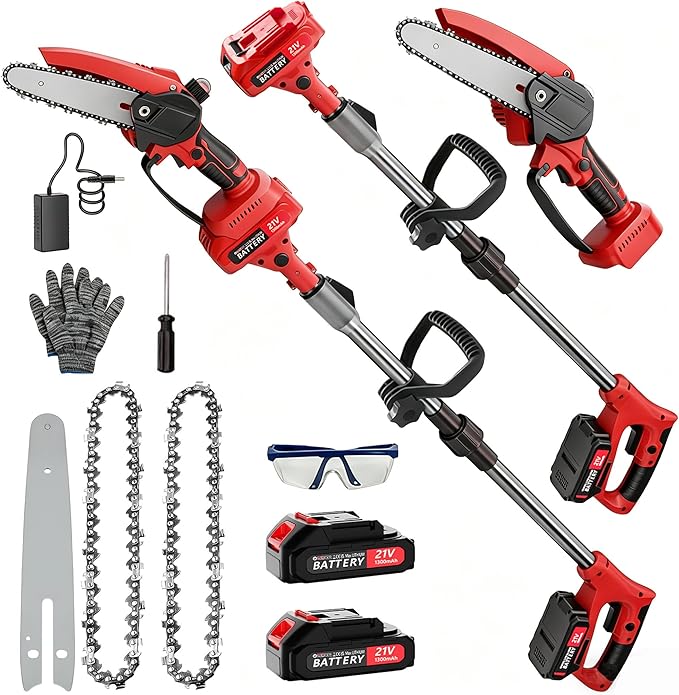 2-in-1 Cordless Pole Saw & Mini Chainsaw, 6-Inch Battery Powered Tree Trimmer with 4.4ft Extension Pole, 2 Batteries | Safe High Branch Pruning for Homeowners