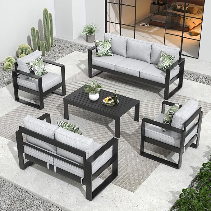 Outdoor Aluminum Furniture Set - 5 Pieces Modern Patio Conversation Sets Metal Sectional Sofa with Coffee Table
