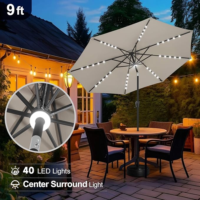 FLAME&SHADE 9 FT outdoor umbrella with 40LED lights, solar light patio umbrella with Centre Surround Light, Table Market Umbrella Outdoor Patiofor Deck, Pool, Backyard, Garden (Taupe)