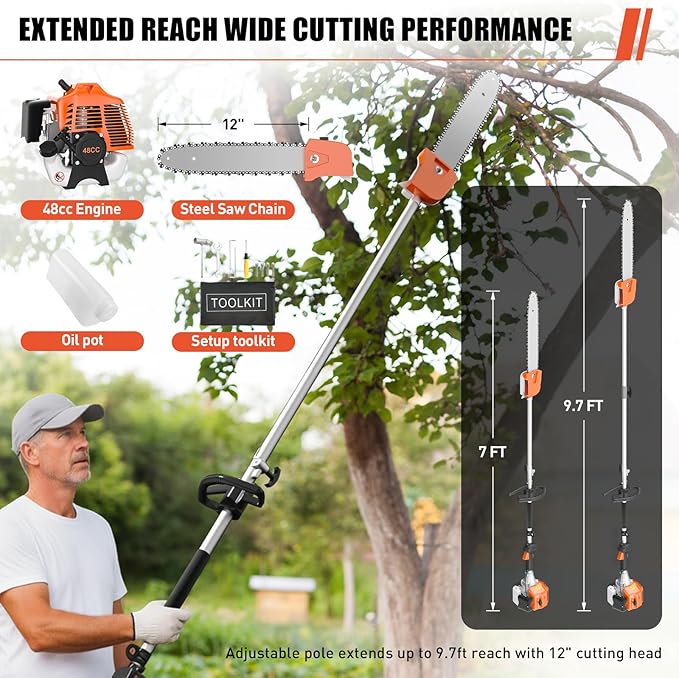 Baotree 48CC Gas Powered Pole Saws, 2 Stroke Gas Powered Pole Saws with 11.5 in Cutting Bar, 16-FT Height Cordless Extendable Long Tree Trimmer Gas Pole Saws for Tree Trimming Branches Pruning