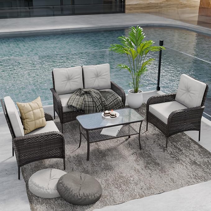 COOS BAY Vintage Courtyard Patio Furniture Set, Wicker Outdoor Furniture, Patio Conversation Sets, 2 Chairs, Loveseat and Coffee Table, 4 Pieces, Gray/Beige