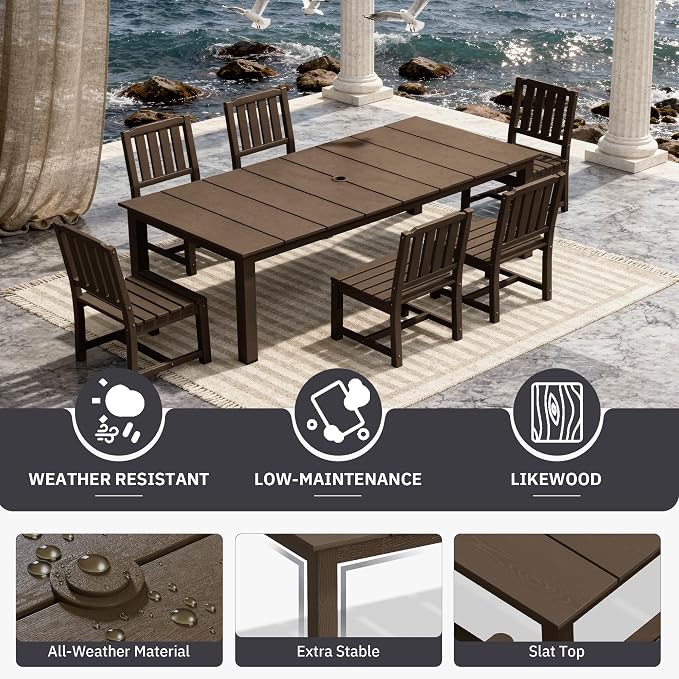 AreShark 5-Piece Outdoor Dining Set,HDPE Patio Table with 4 Armless Chairs,All-Weather Patio Furniture Set with Umbrella Hole,Low Maintenance Wood Grain Dining Set for Backyard,Garden,Poolside,White
