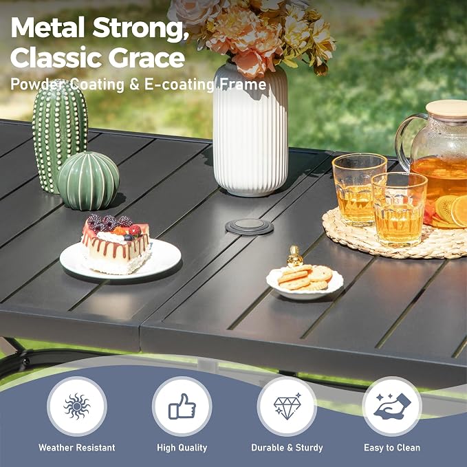 SUNSHINE VALLEY 7 PCS Patio Dining Set for 6, Rectangular Metal Dining Table with Umbrella Hole and 6 Chairs, Outdoor Table and Chairs Set for Lawn Garden Backyard and Deck, Blue