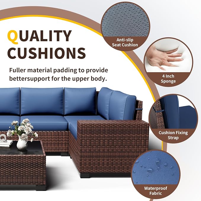 Outdoor Patio Furniture Set, Wide Outdoor Sectional Rattan Sofa Set, Wicker Patio Conversation Set w/Cover for Deck, Poolside, Porch, 8 PC (Brown & Navy)