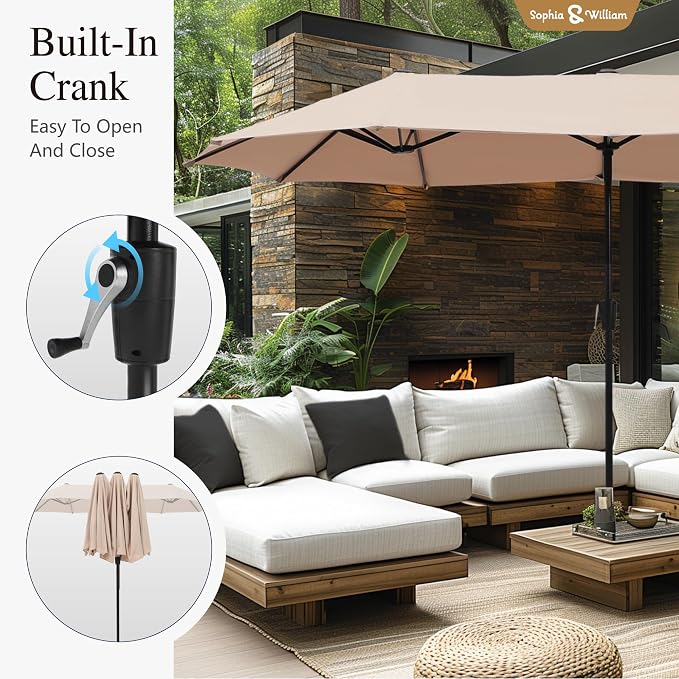 Sophia & William Patio Set with Umbrella Outdoor Dining Set for 6 with 13ft Umbrella Beige, 6 x Patio Chairs Blue, 1 Wood Like Outdoor Dining Table for Deck Lawn Garden (No Umbrella Base)